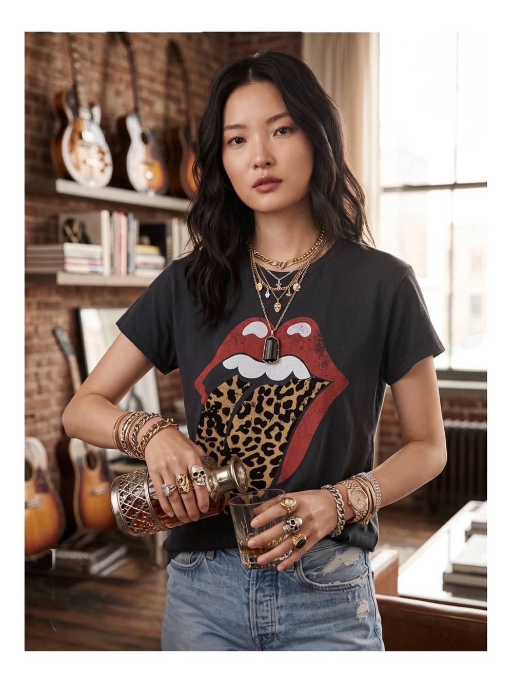Daydreamer ☻ Rolling Stones Plush Leopard Rock Band Tee T Shirt ☻ Vintage Black